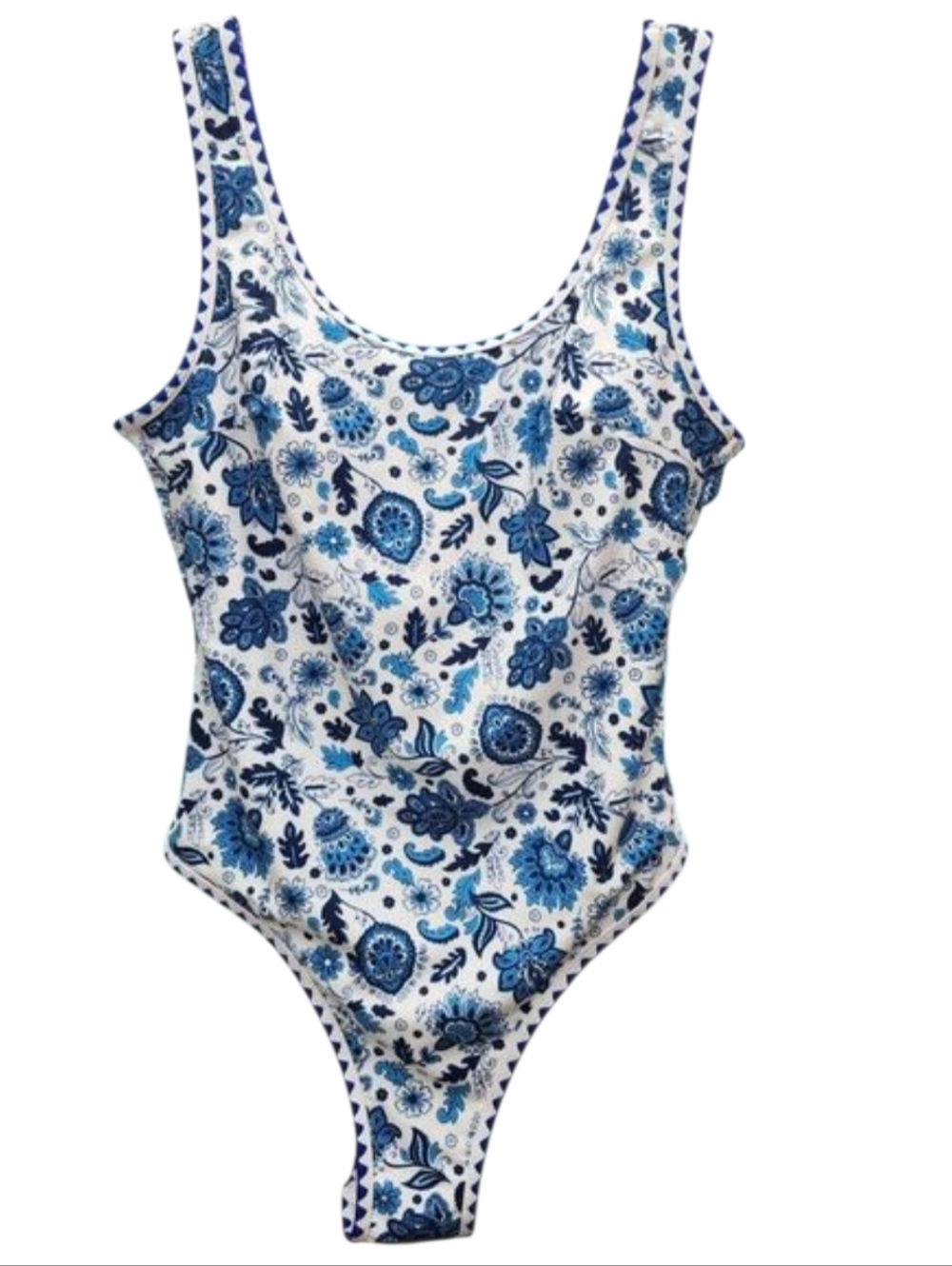 Shein Curve Bathing Suit One Piece Womens 1X Blue White Floral Whip Stitch Beach